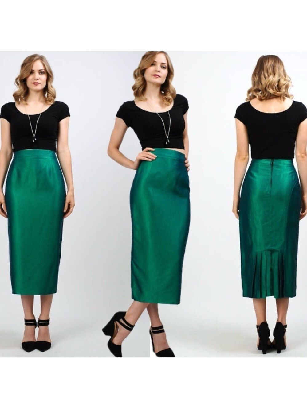Steilmann Vintage Metallic Beetle Green pleated midi Pencil Skirt